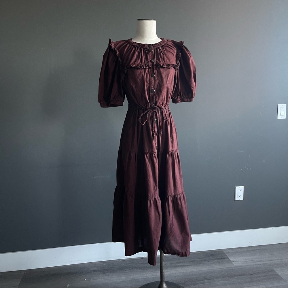 Sea NY Cocoa Brown Cotton Midi Dress Puff Sleeve Prairie Cottagecore Bohemian